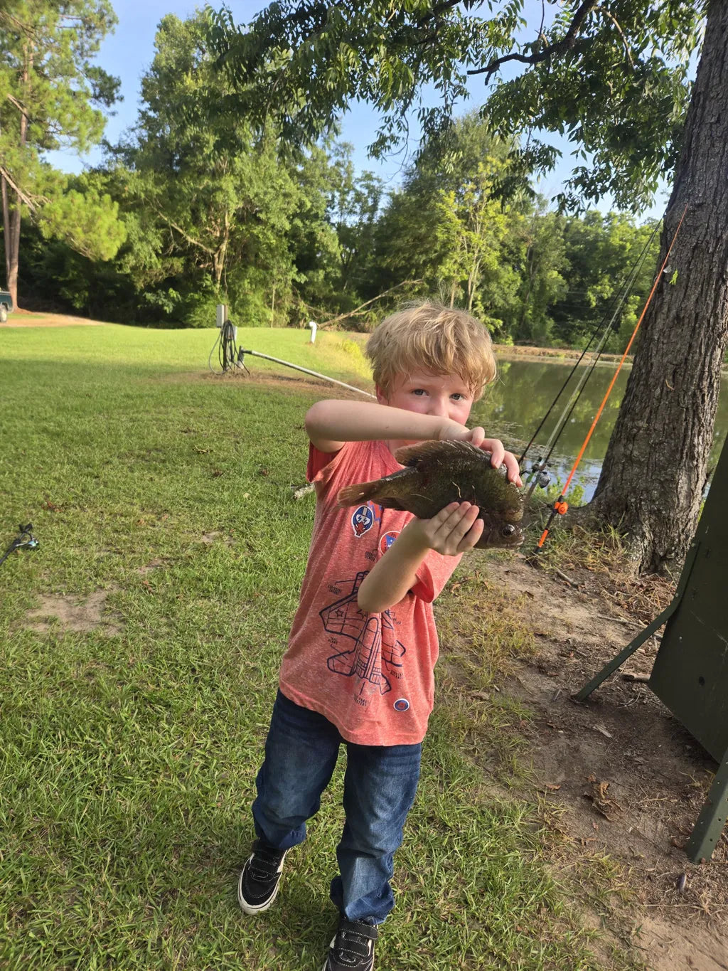 A young blond boy in a coral t-shirt and blue jeans stands on a grassy lawn by a lake, holding up a small fish he caught. Trees, grass, and fishing gear are visible in the background.