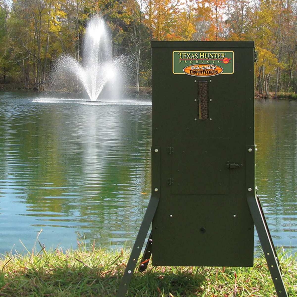 Texas Hunter Fish Feeder - 70 lb. Fish Feed WITH Solar Panel, 125 lb. Corn Capacity – with Adjustable Legs