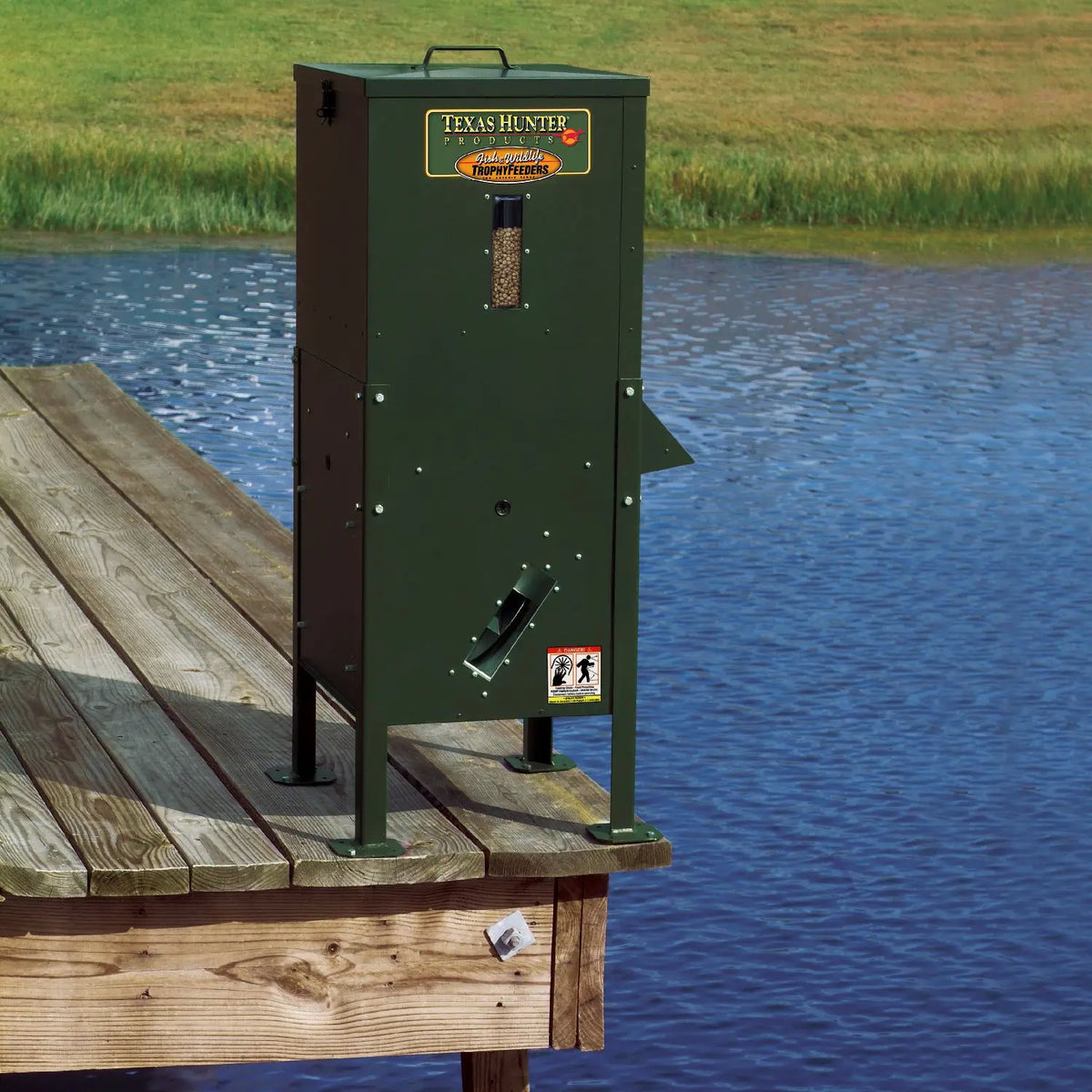 Texas Hunter Fish Feeder WITH Solar Panel- 70 lb. Fish Feed, 125 lb. Corn Capacity – with Straight Legs