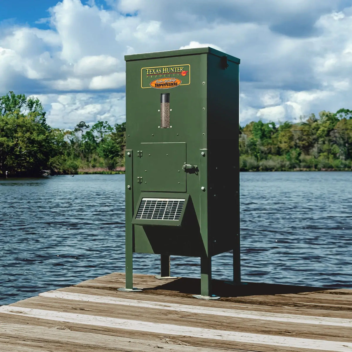 Texas Hunter Fish Feeder WITH Solar Panel- 70 lb. Fish Feed, 125 lb. Corn Capacity – with Straight Legs