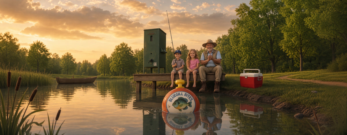 A family of three sits on a wooden dock by a calm lake at sunset, with a fishing box, cooler, and a bright orange-and-white fishing float in the foreground. Trees line the shore, and the sky is filled with warm golden clouds.